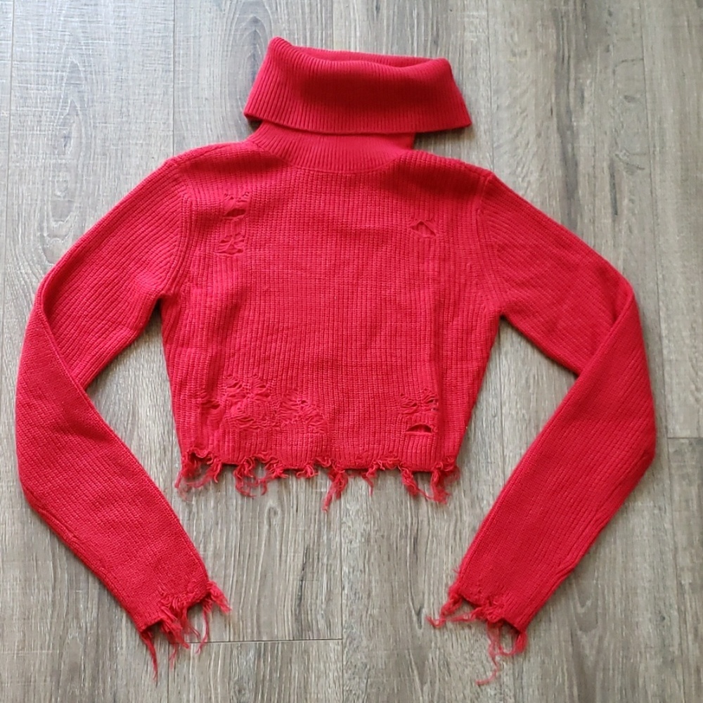 Red Cropped Distressed Dollskill Roll Neck sweater